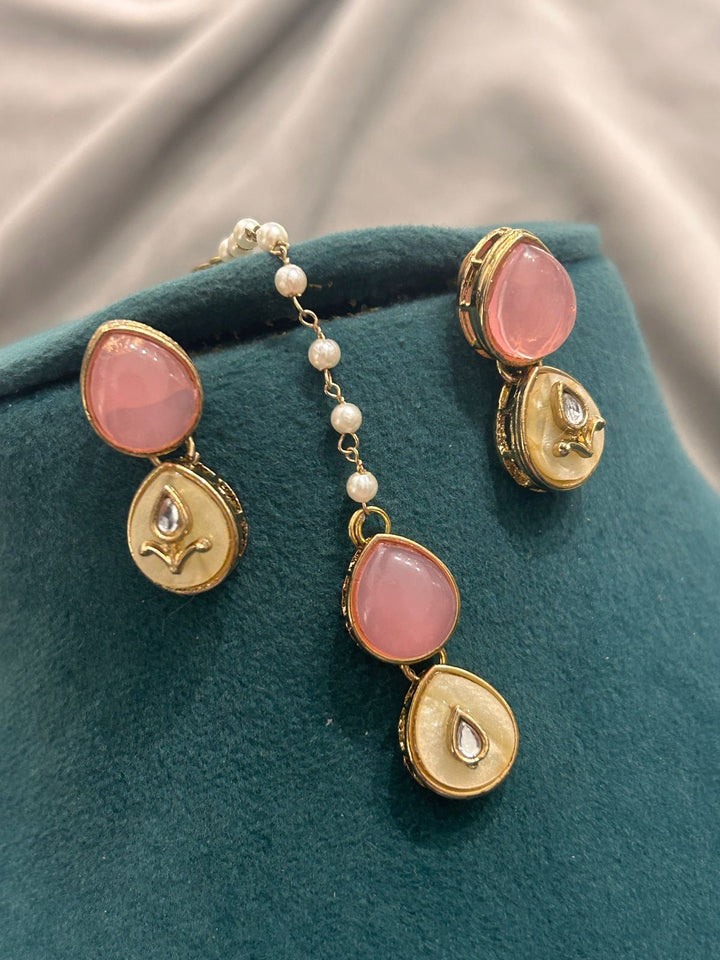Pink Stone & Kundan Necklace Set with Earrings and Maang Tikka