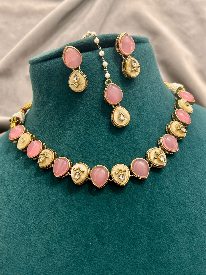 Pink Stone & Kundan Necklace Set with Earrings and Maang Tikka