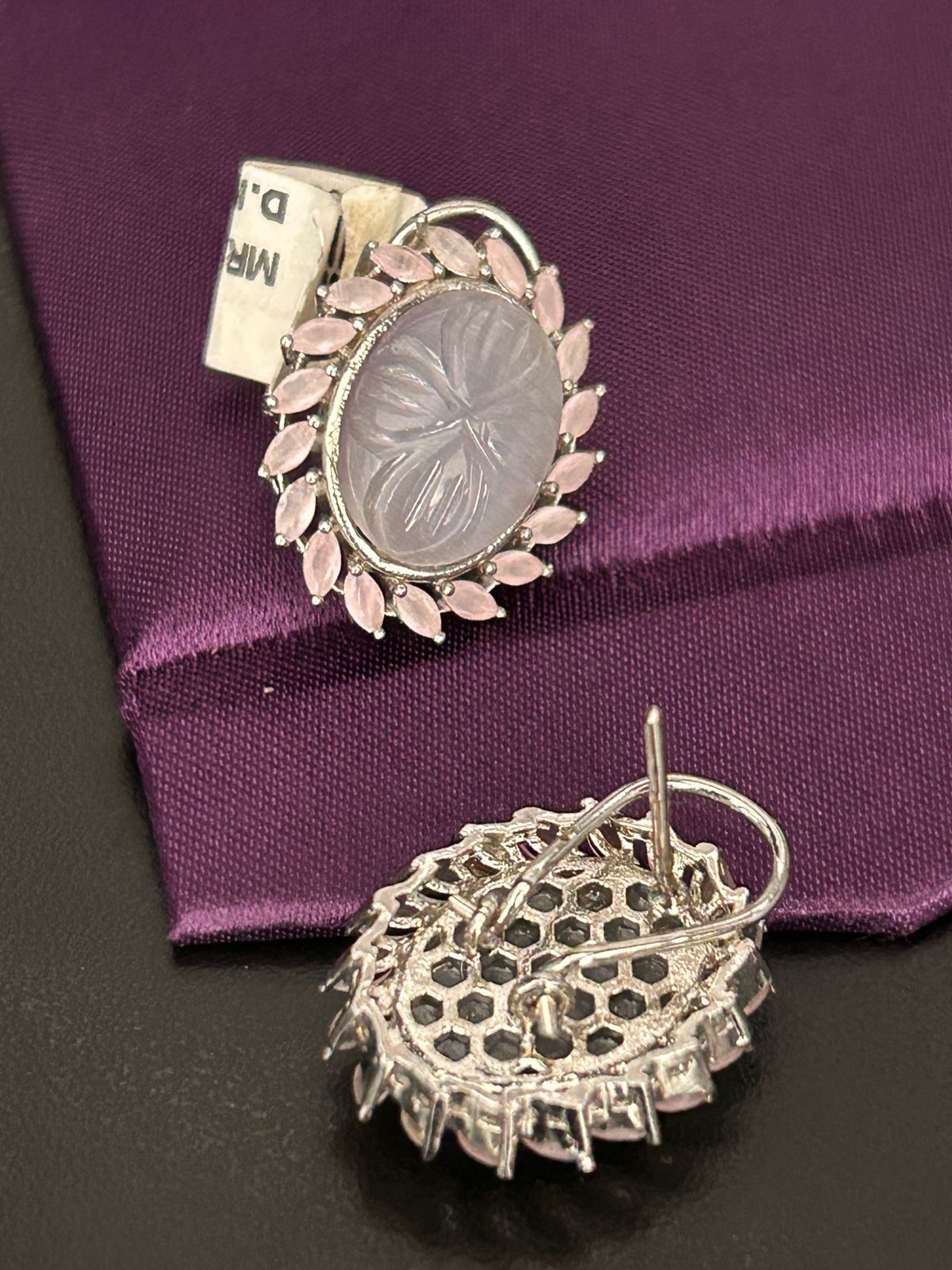 Carved Lavender Stone Stud Earrings with Silver Finish