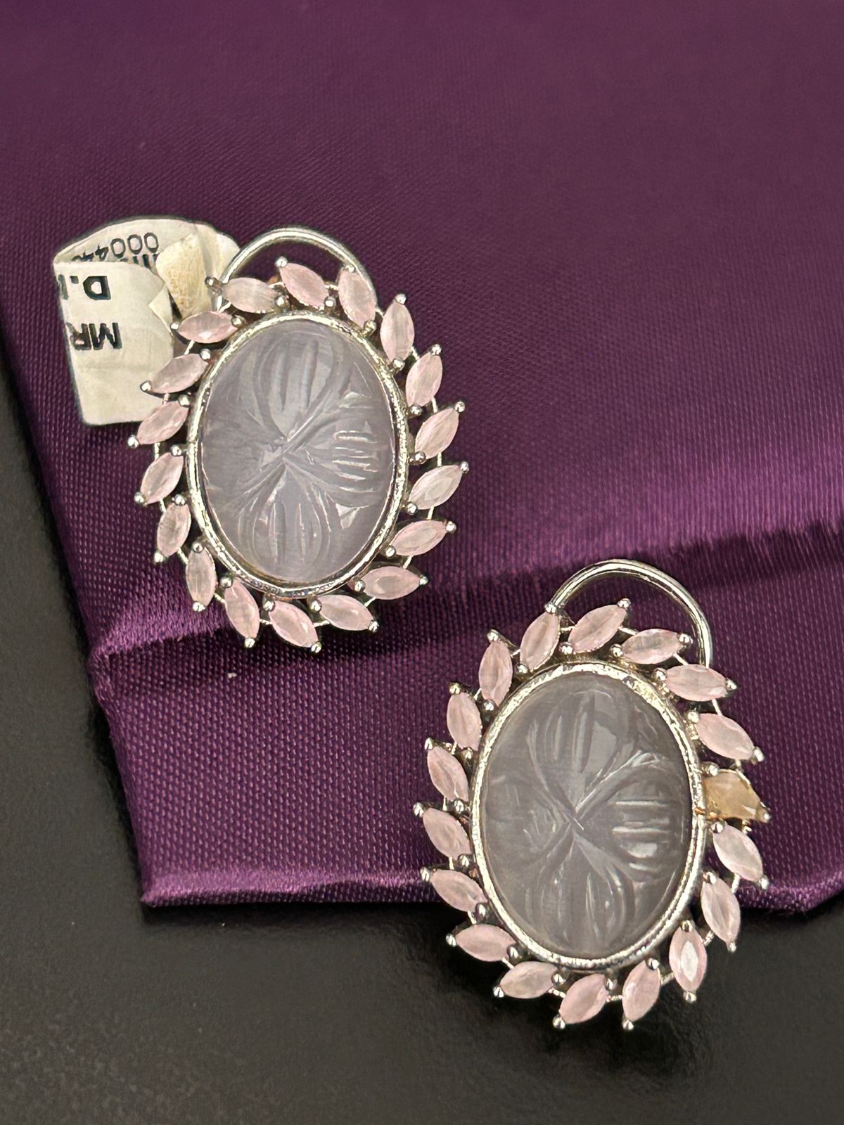 Carved Lavender Stone Stud Earrings with Silver Finish