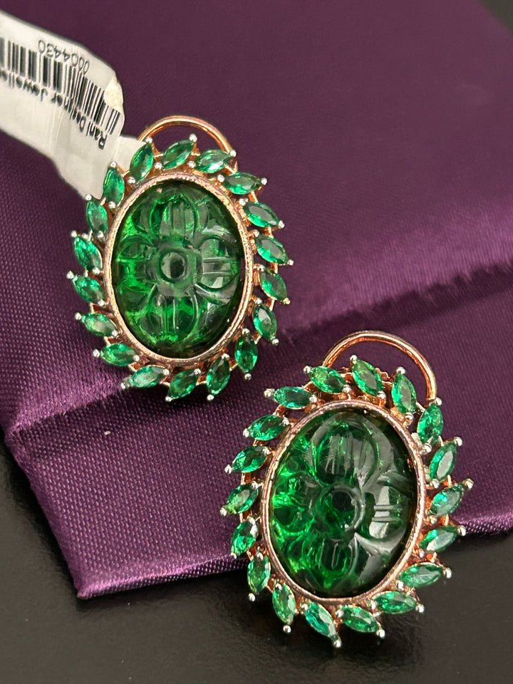 Elegant Carved Green Stone Stud Earrings with Gold Finish
