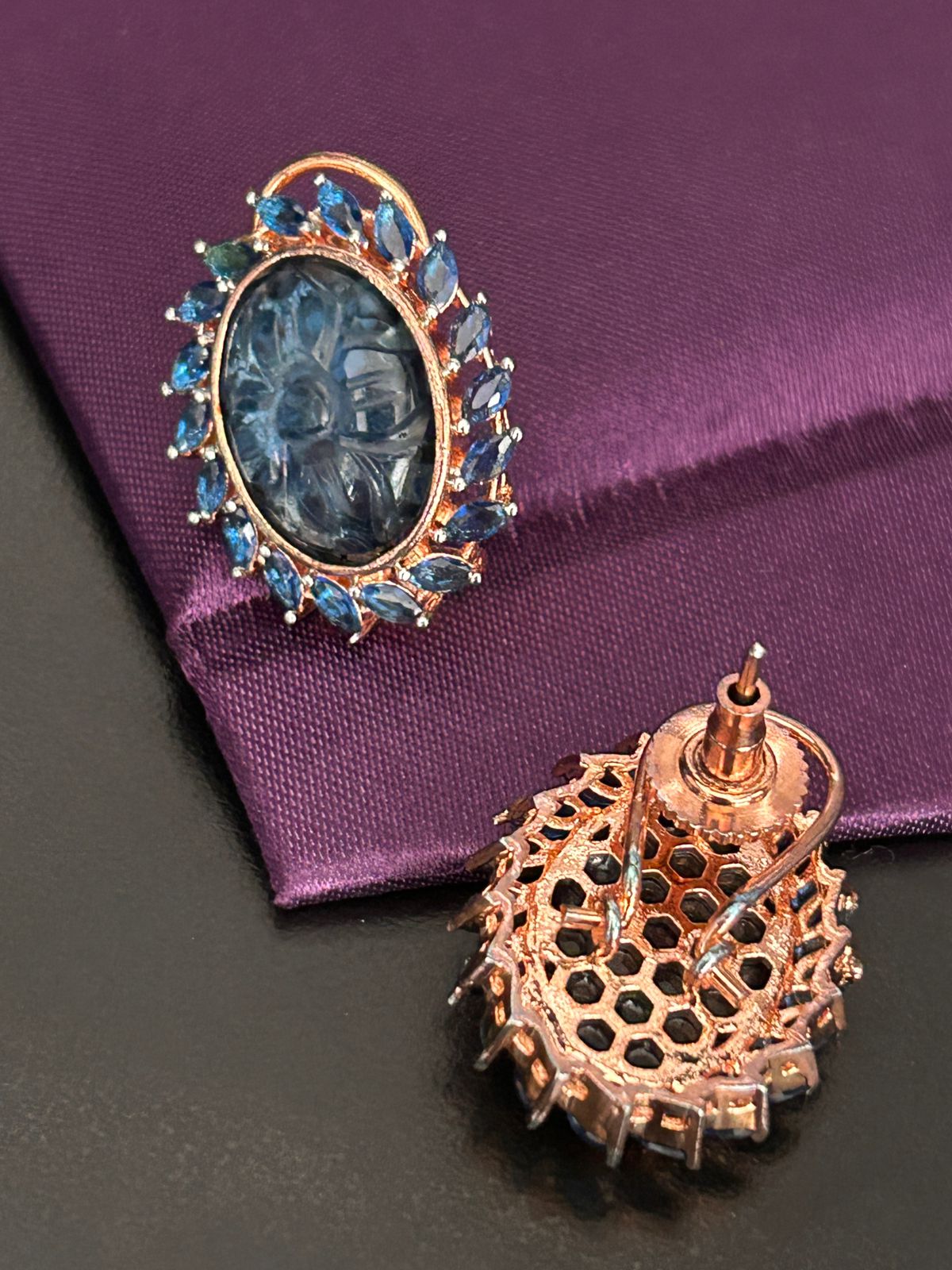 Carved Blue Stone Stud Earrings with Rose Gold Finish