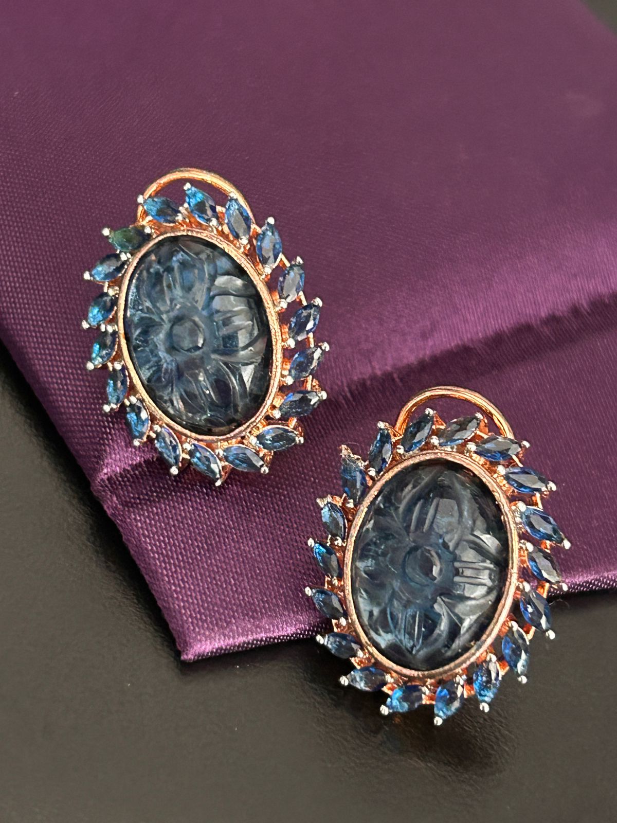 Carved Blue Stone Stud Earrings with Rose Gold Finish