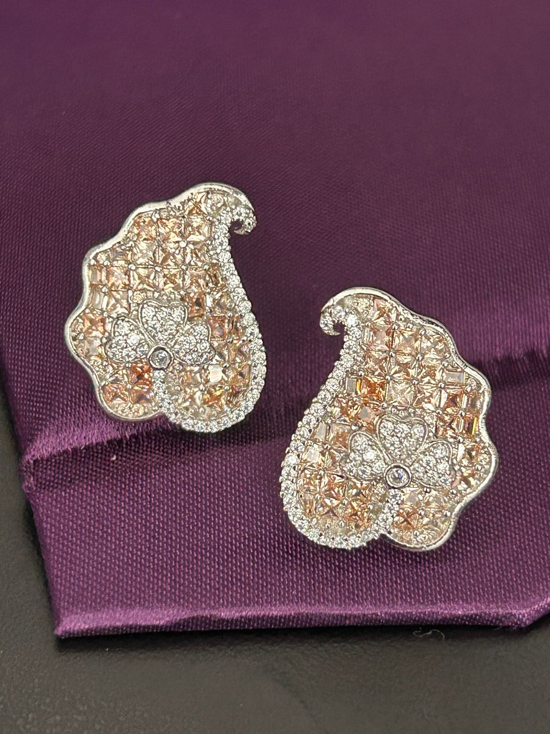 Floral Paisley Stud Earrings with Champagne Stones