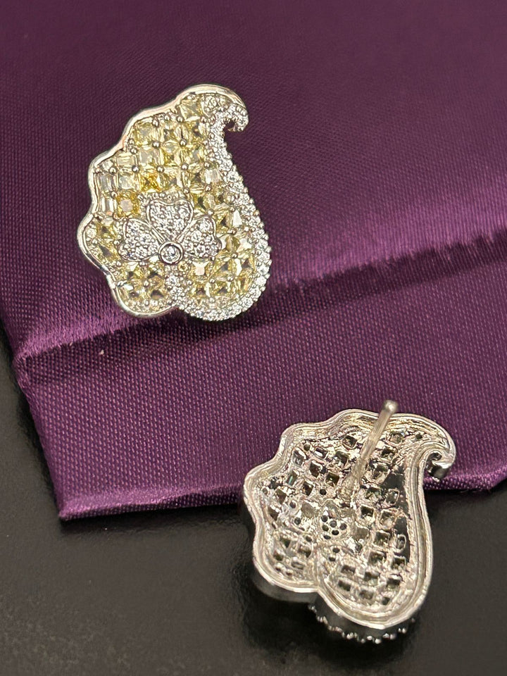 Floral Paisley Stud Earrings with Yellow Crystals