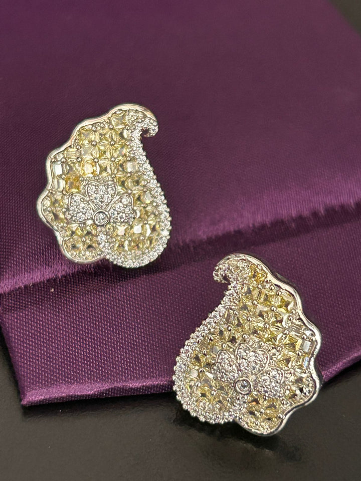 Floral Paisley Stud Earrings with Yellow Crystals