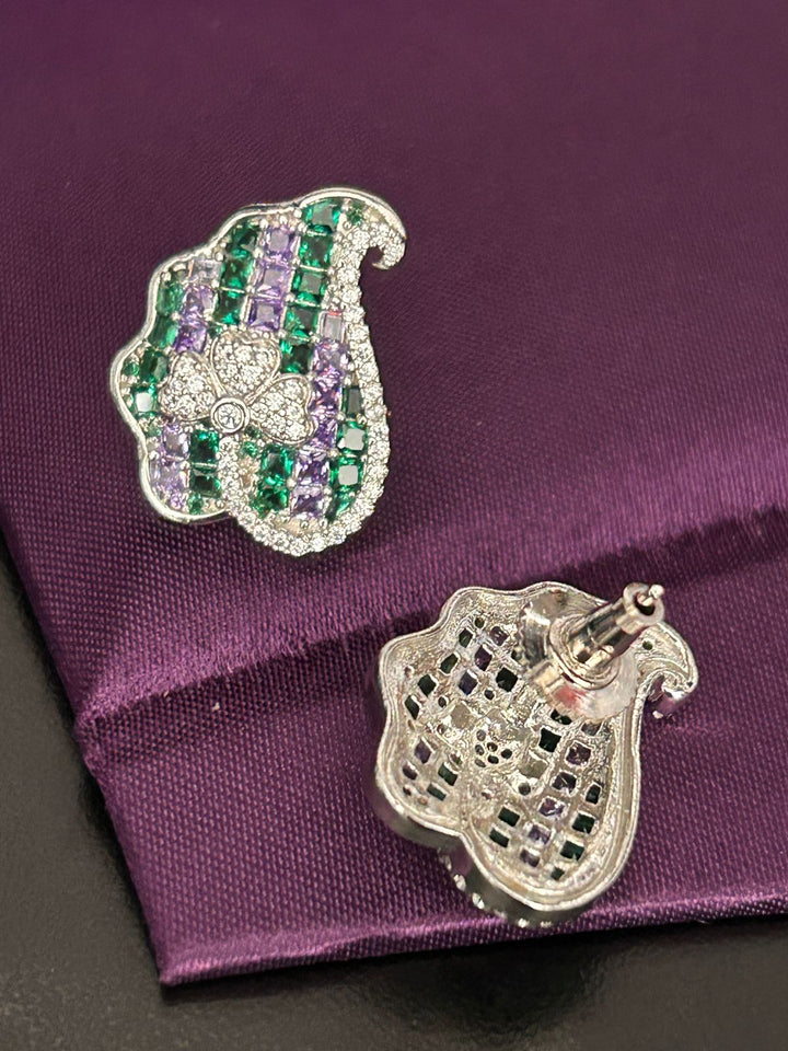 Emerald & Purple Crystal Paisley Floral Stud Earrings