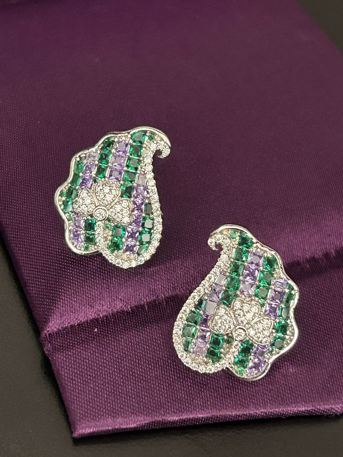 Emerald & Purple Crystal Paisley Floral Stud Earrings
