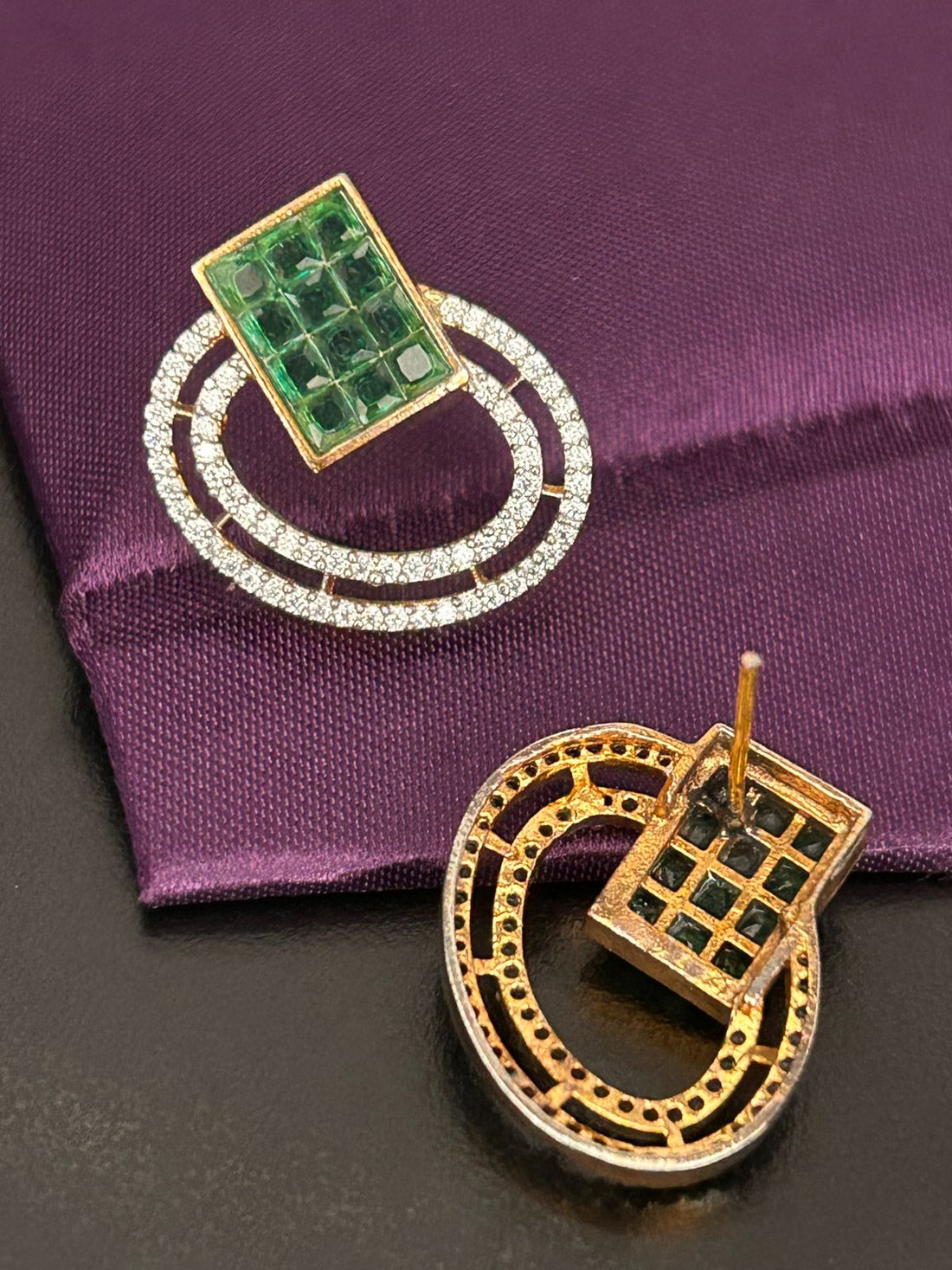 Emerald Tile & Double Halo Diamond Stud Earrings