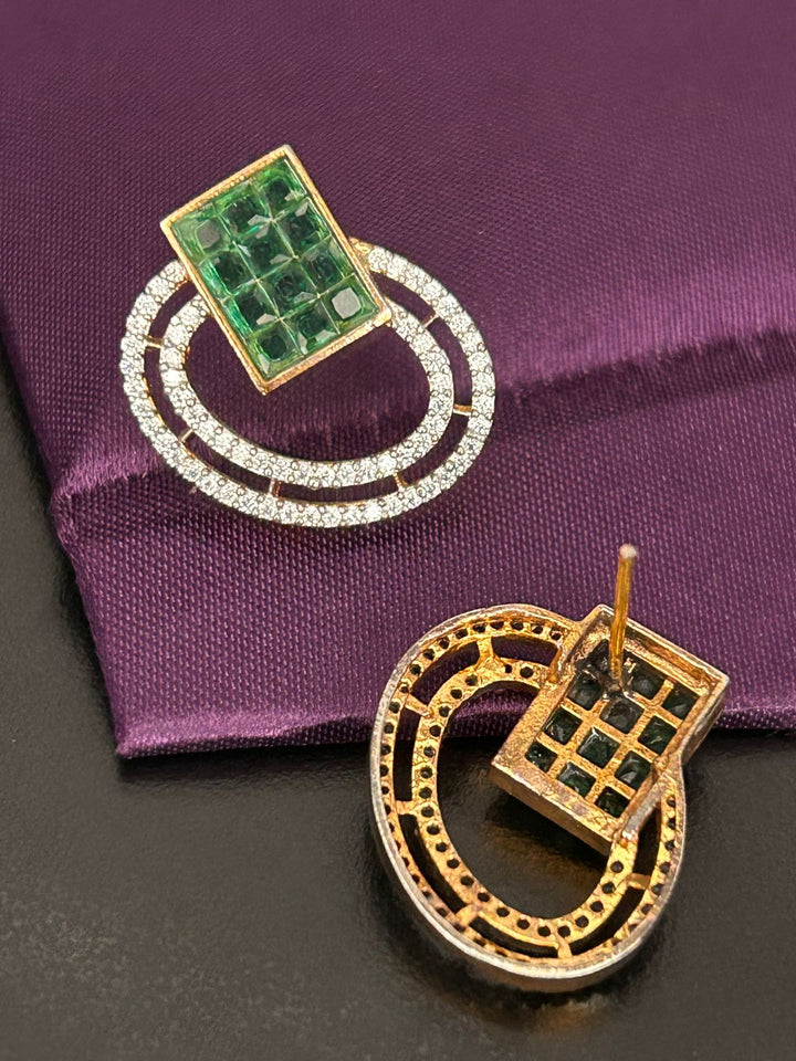 Emerald Tile & Double Halo Diamond Stud Earrings