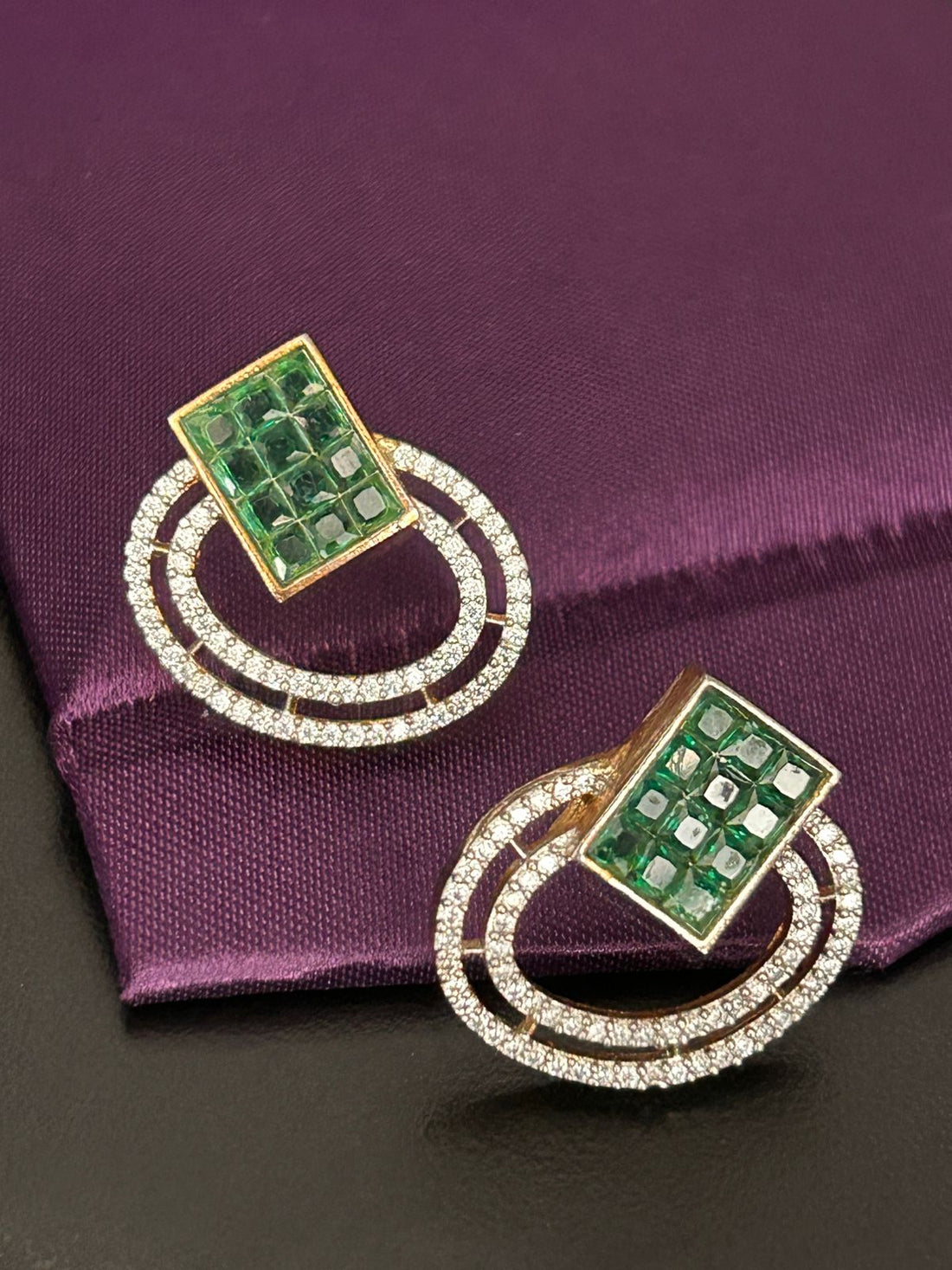 Emerald Tile & Double Halo Diamond Stud Earrings