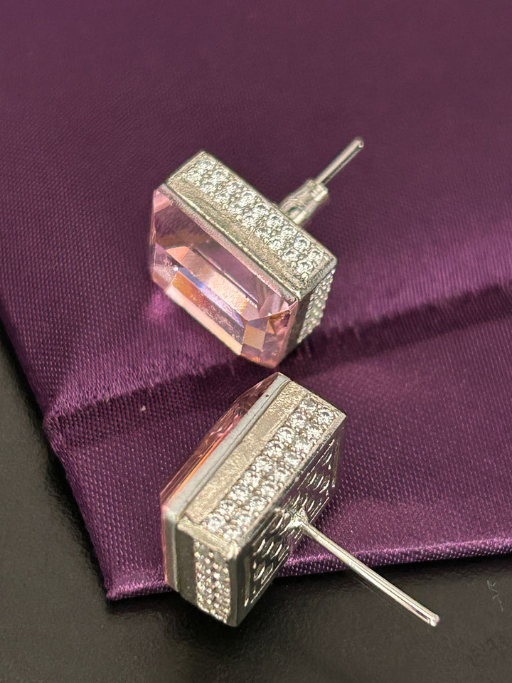 Pink Crystal Rectangular Stud Earrings with Diamond Accents