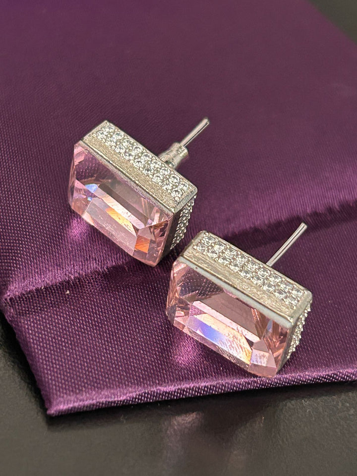 Pink Crystal Rectangular Stud Earrings with Diamond Accents