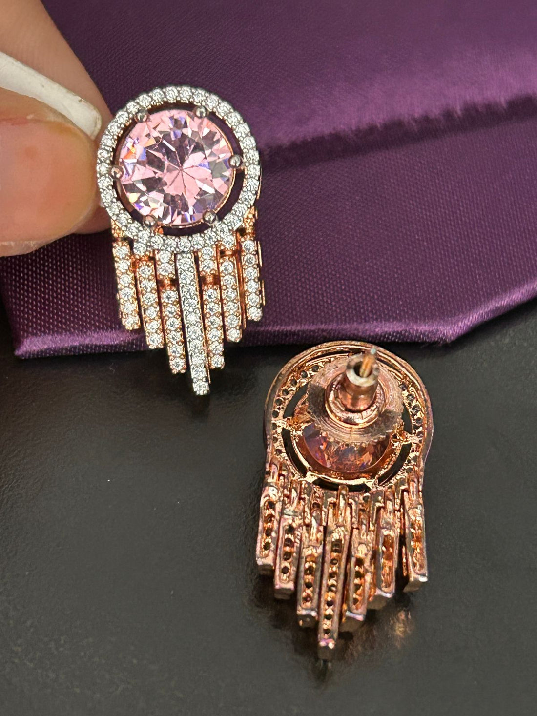 Pink Crystal Round Stud Earrings with Diamond Fringe