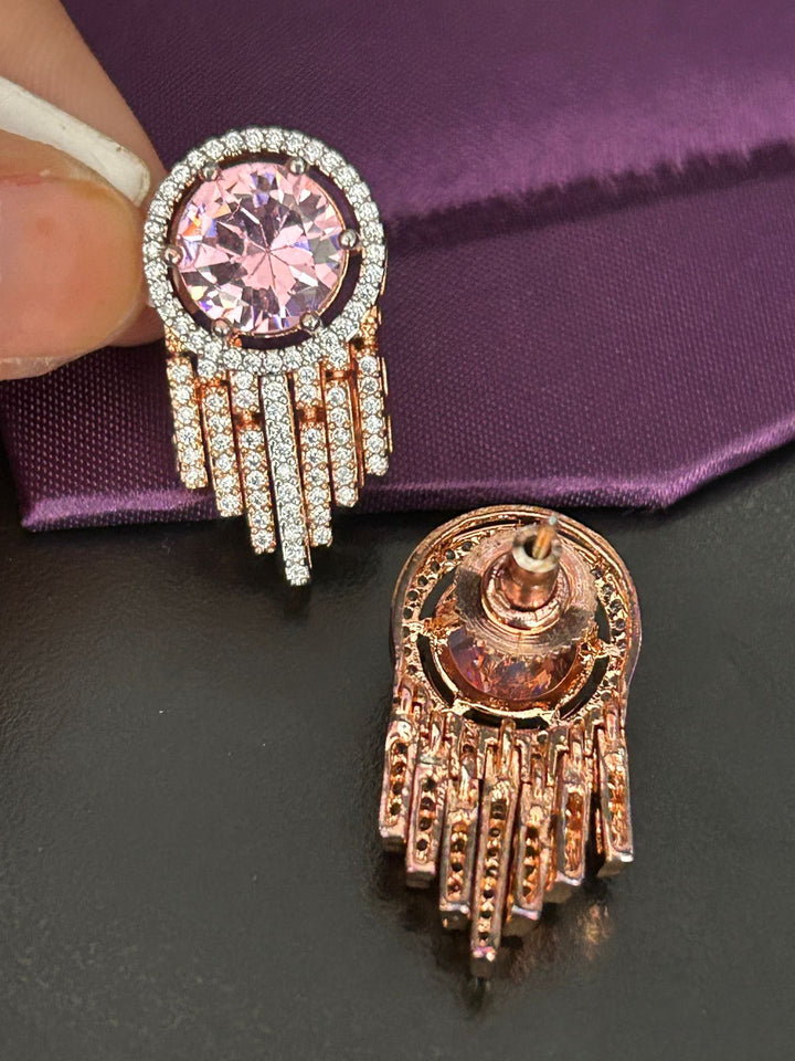 Pink Crystal Round Stud Earrings with Diamond Fringe
