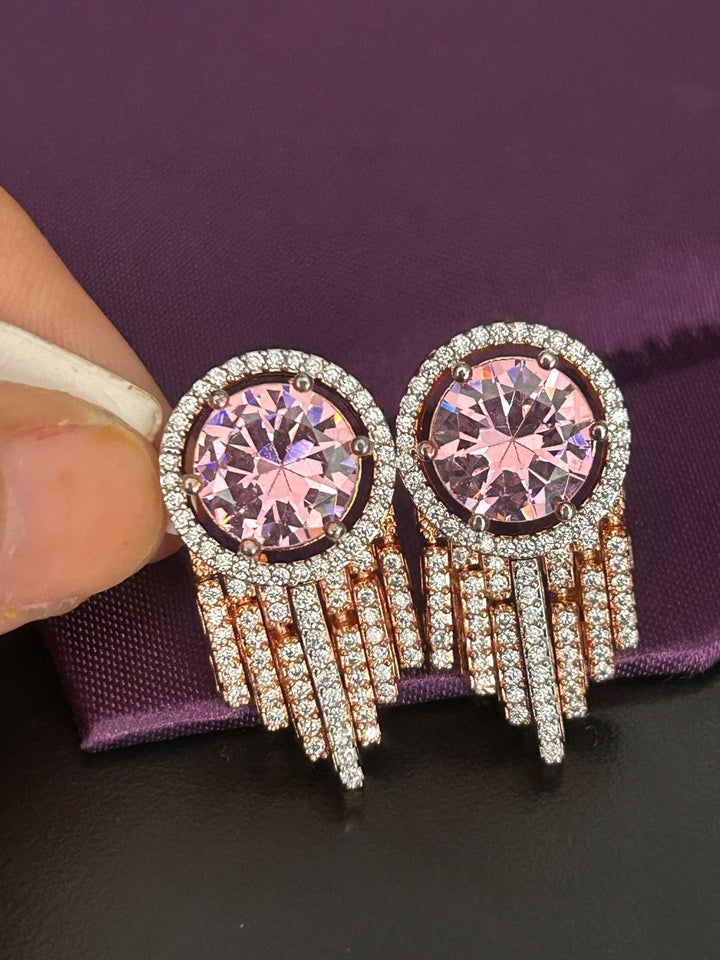 Pink Crystal Round Stud Earrings with Diamond Fringe