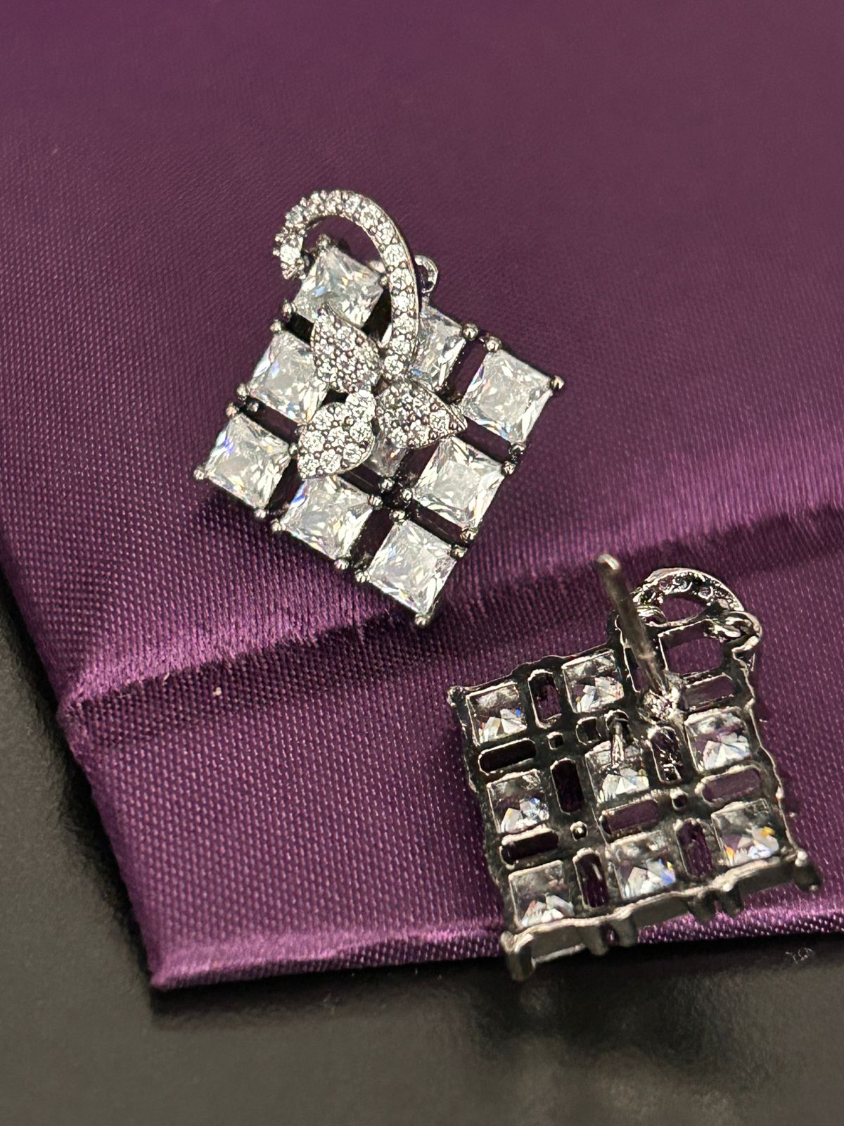 Square Diamond Cluster Earrings with Floral Accent