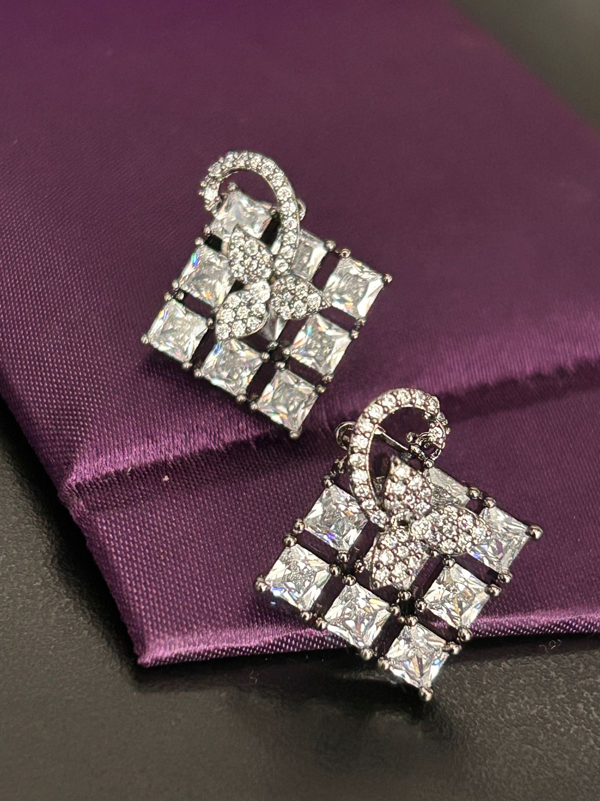 Square Diamond Cluster Earrings with Floral Accent