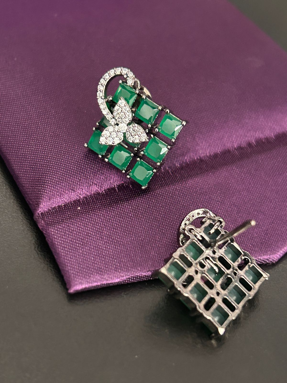 Emerald Green Square Cluster Earrings with Diamond Floral Accent