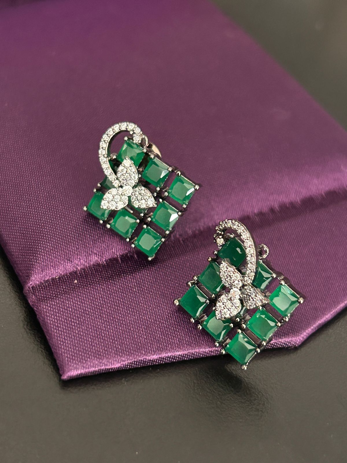 Emerald Green Square Cluster Earrings with Diamond Floral Accent