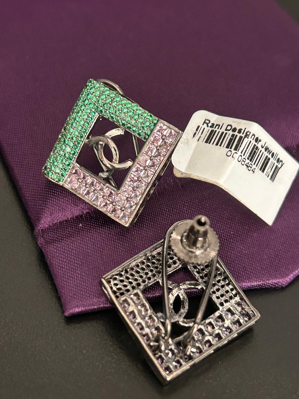 Square Designer Earrings with Green & Pink Stones