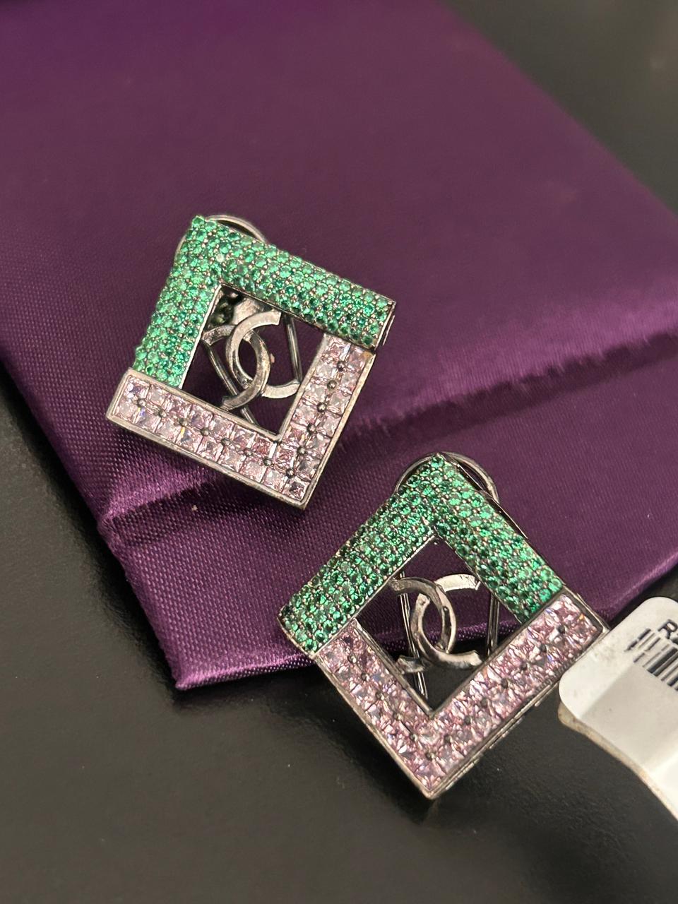 Square Designer Earrings with Green & Pink Stones