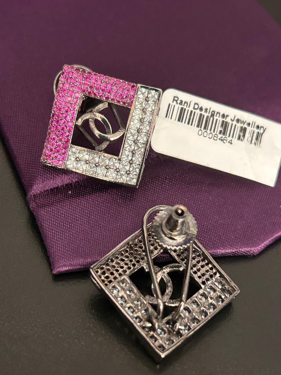 Square Designer Earrings with Pink & White Stones