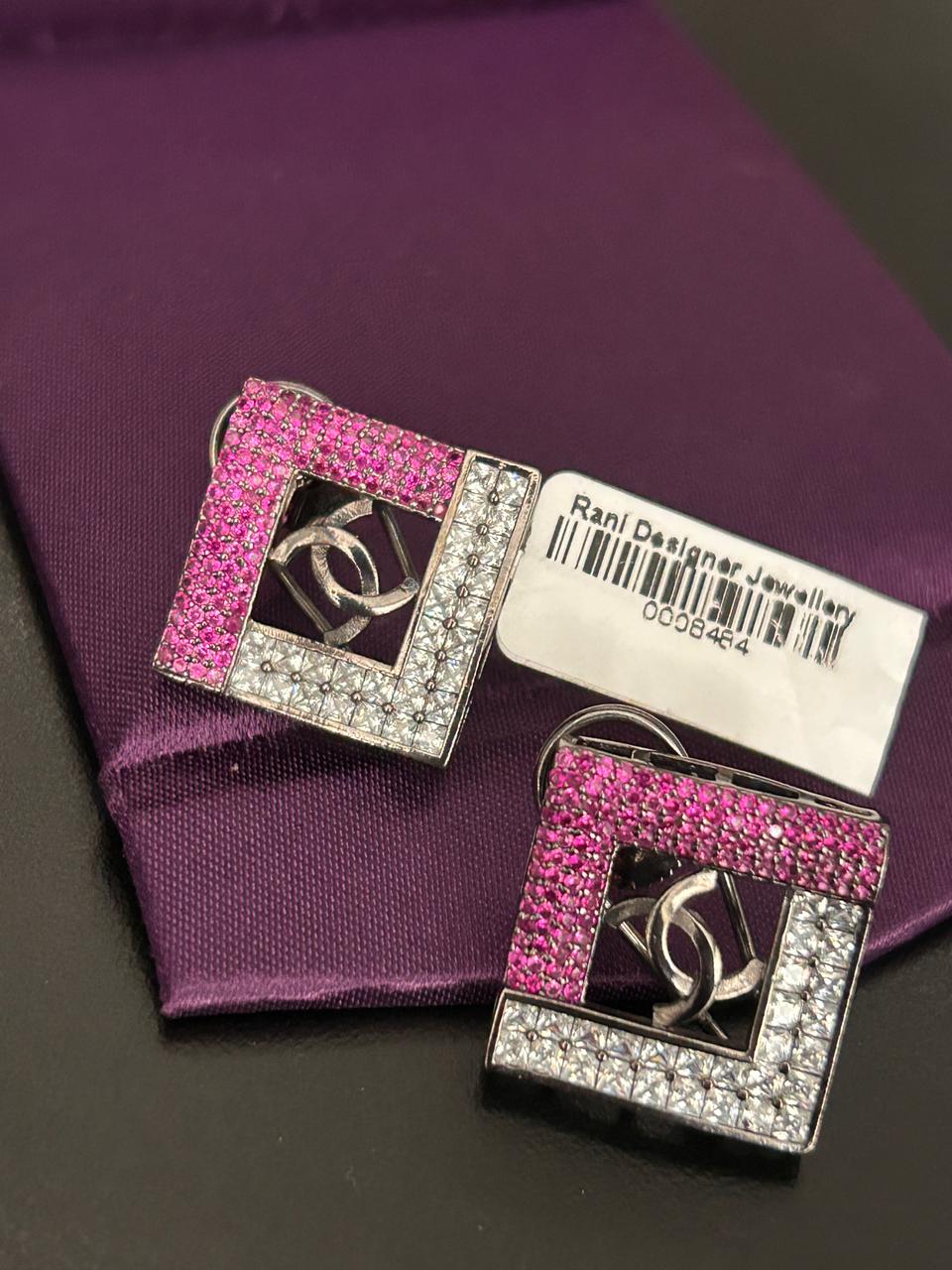 Square Designer Earrings with Pink & White Stones