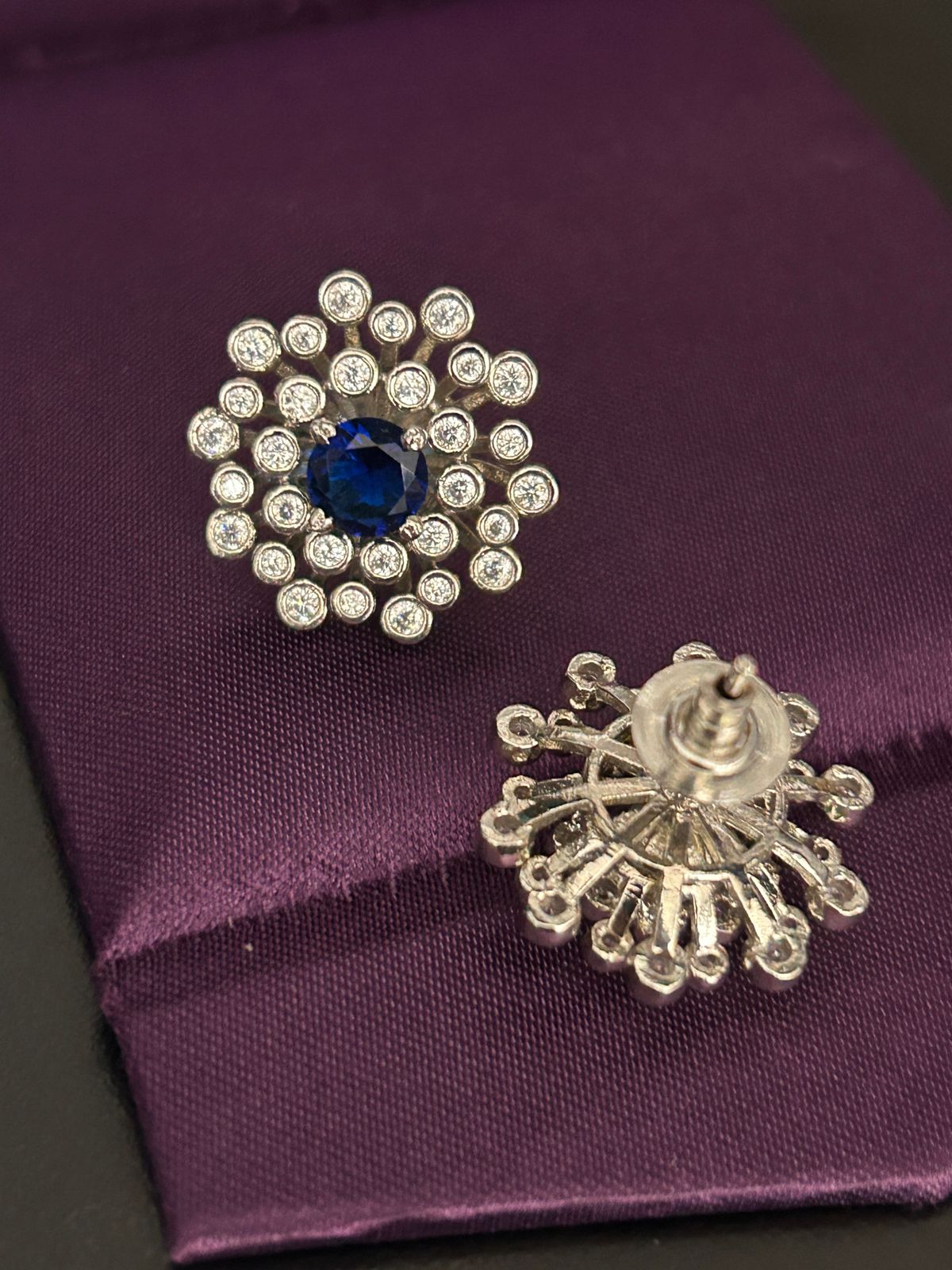 Sapphire Blue Stone & Diamond Halo Earrings