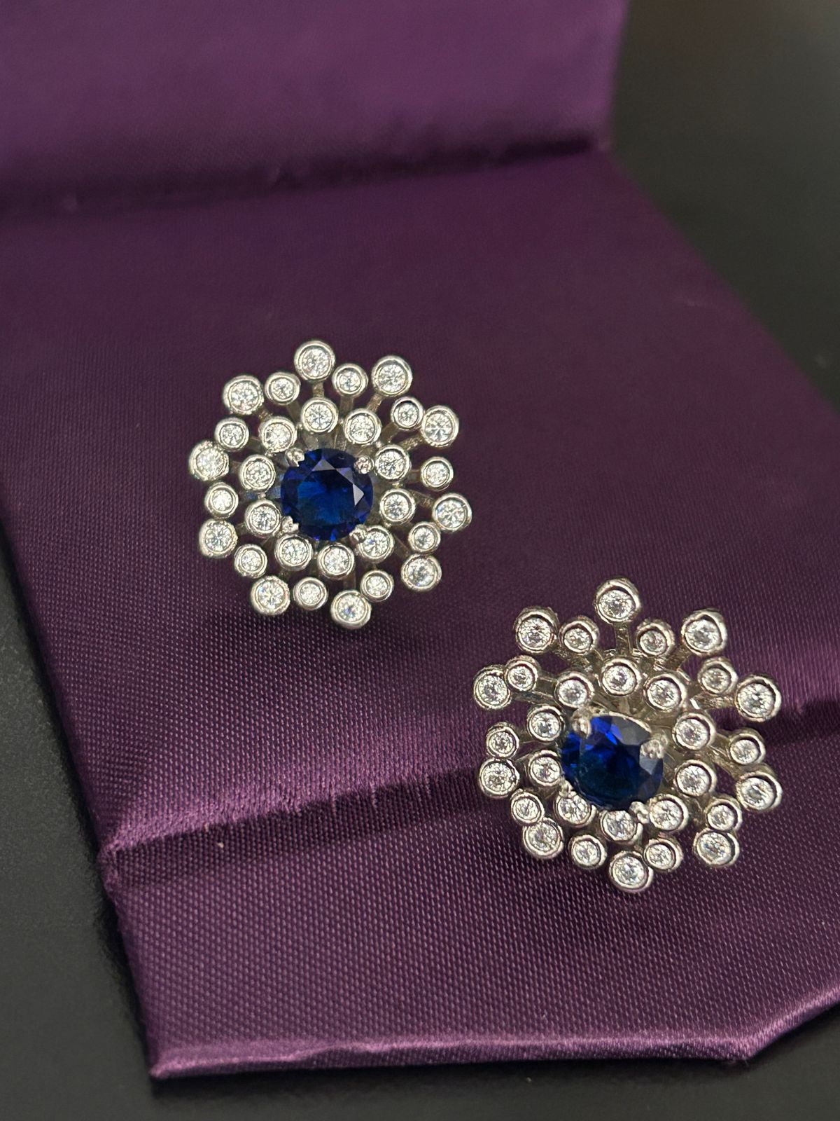 Sapphire Blue Stone & Diamond Halo Earrings