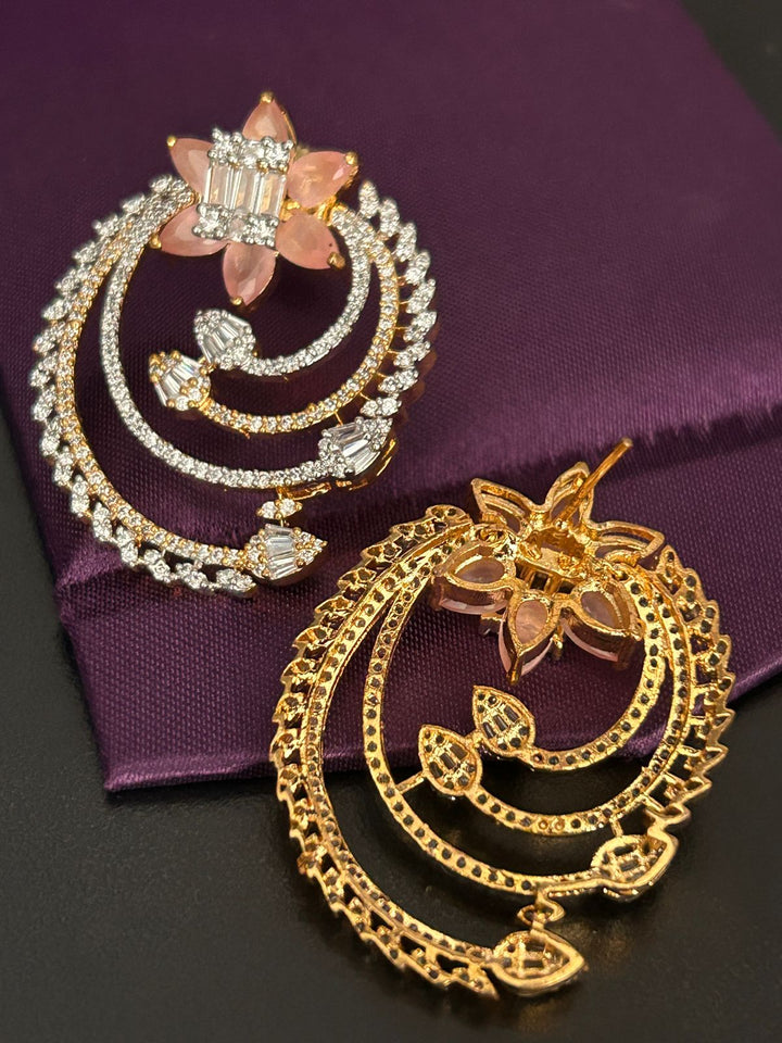 Floral Diamond Spiral Earrings with Pink Stone Petals