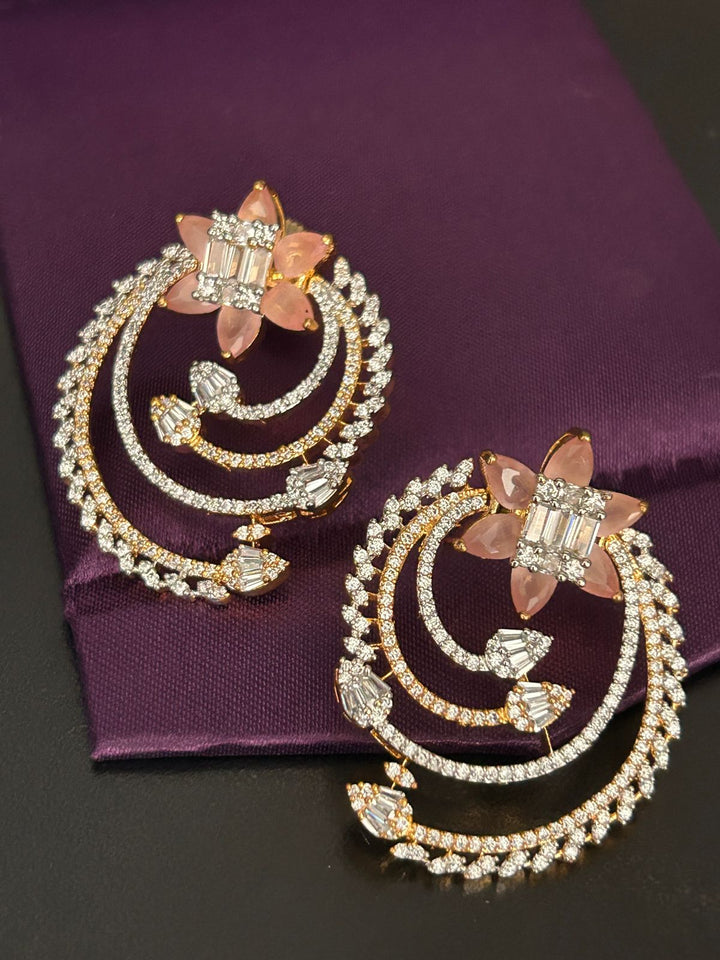 Floral Diamond Spiral Earrings with Pink Stone Petals