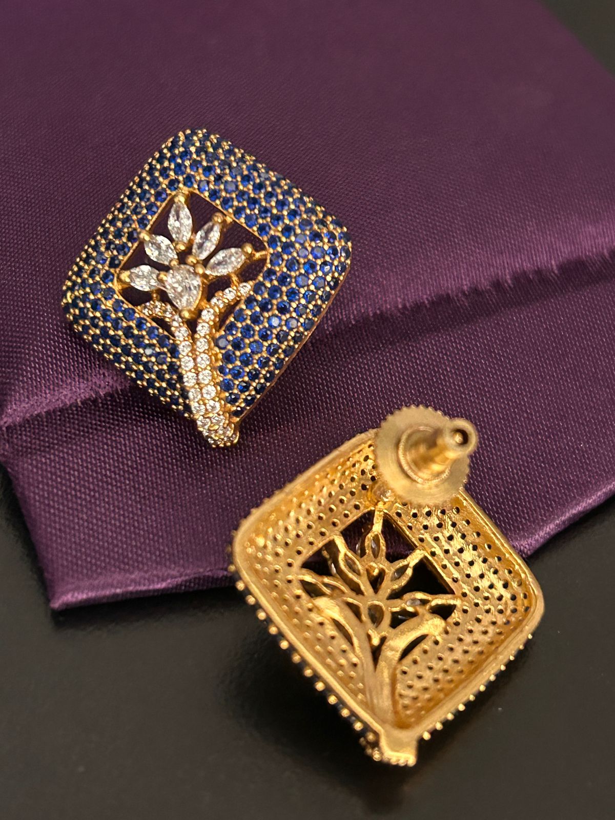 Royal Blue Stone & Diamond Floral Stud Earrings