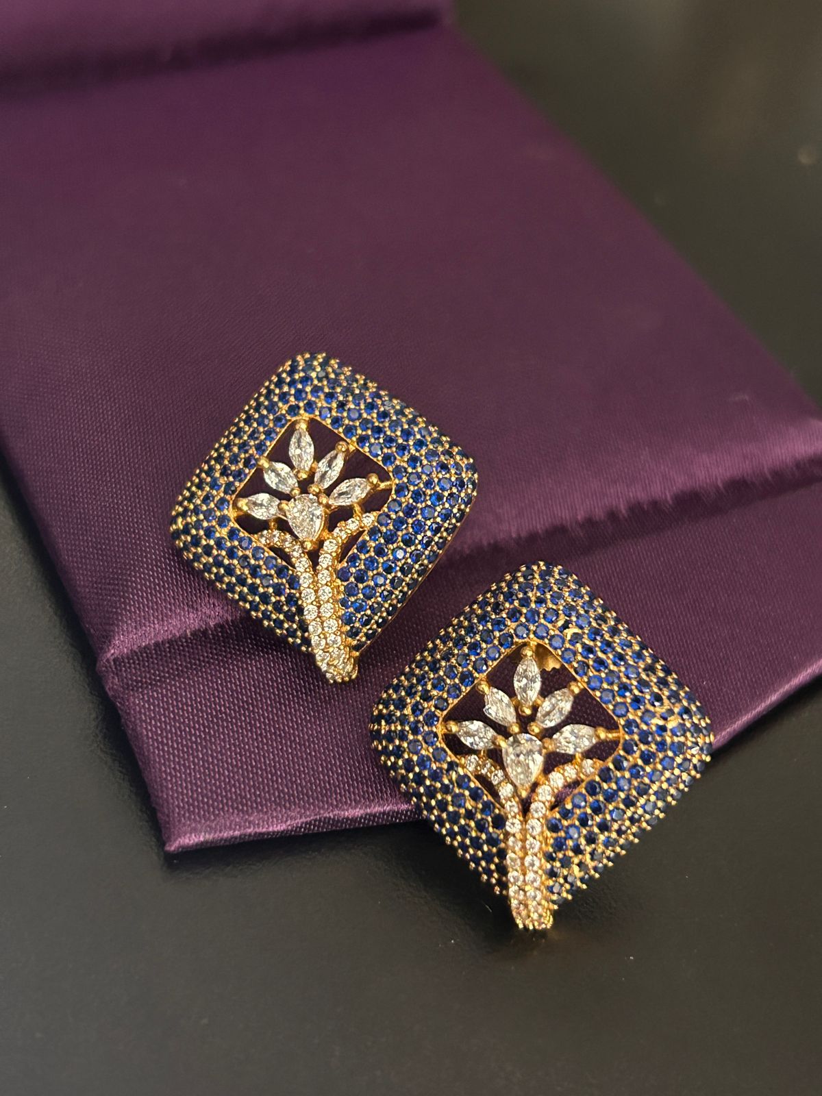 Royal Blue Stone & Diamond Floral Stud Earrings