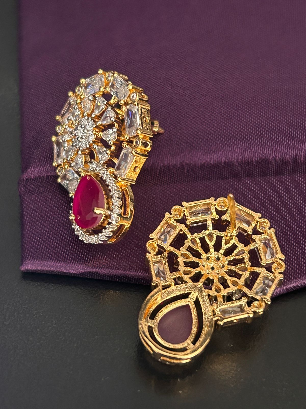 Ruby Red & Diamond Teardrop Stud Earrings