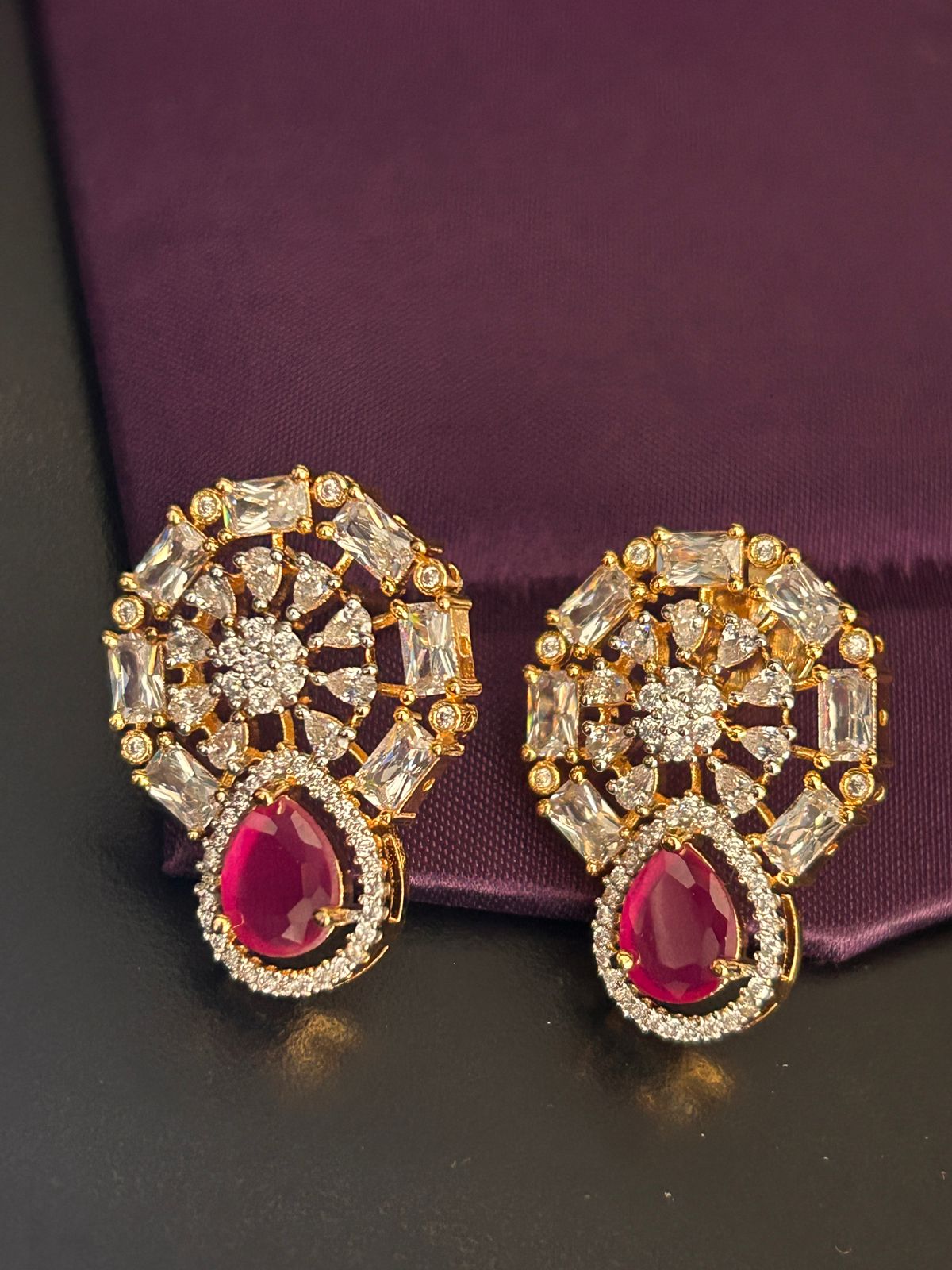 Ruby Red & Diamond Teardrop Stud Earrings