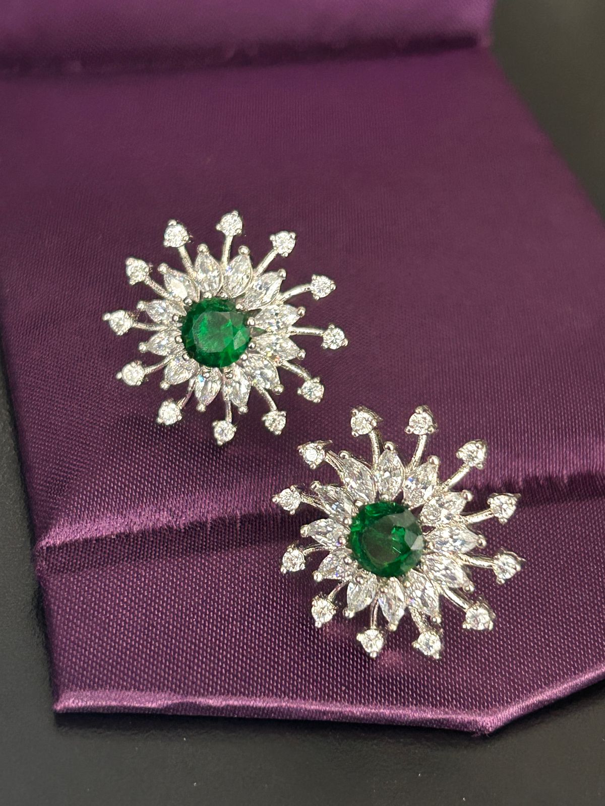 Emerald Green Diamond Burst Stud Earrings