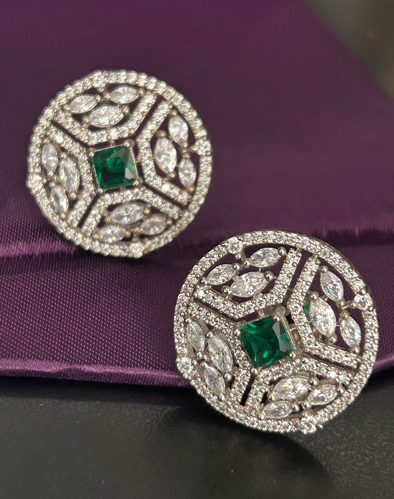 Emerald Diamond Round Stud Earrings