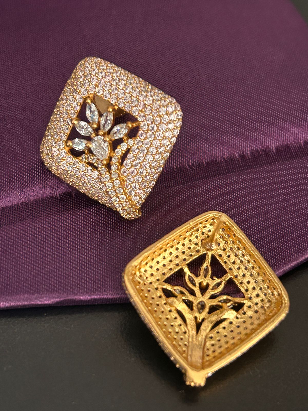 Gold Finish Diamond Leaf Motif Stud Earrings