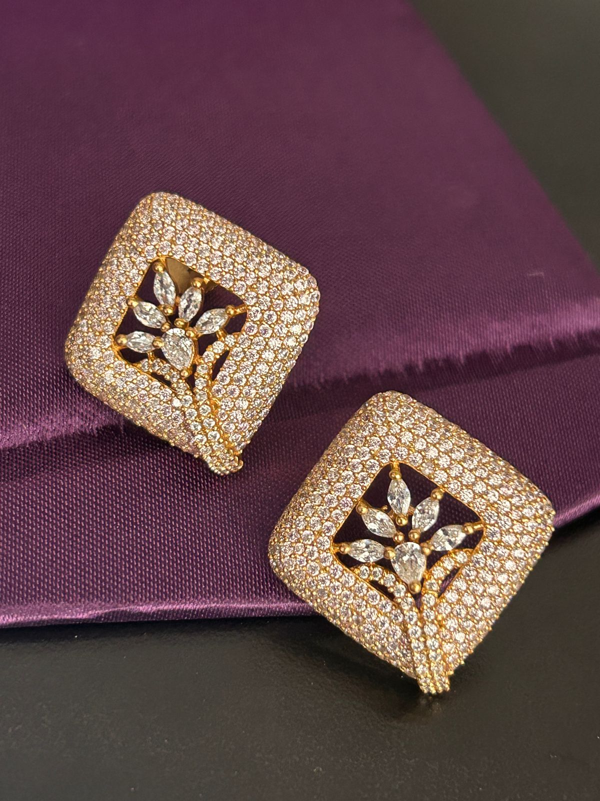 Gold Finish Diamond Leaf Motif Stud Earrings