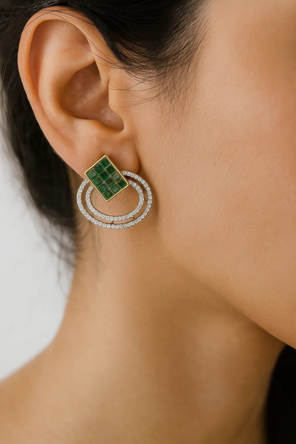 Emerald Tile & Double Halo Diamond Stud Earrings
