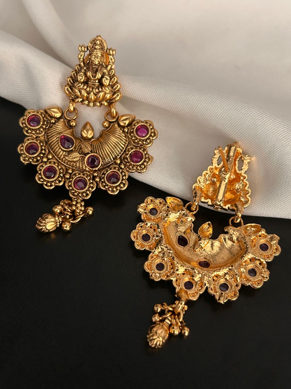 Antique Goddess Lakshmi Temple Earrings with Ruby Stones