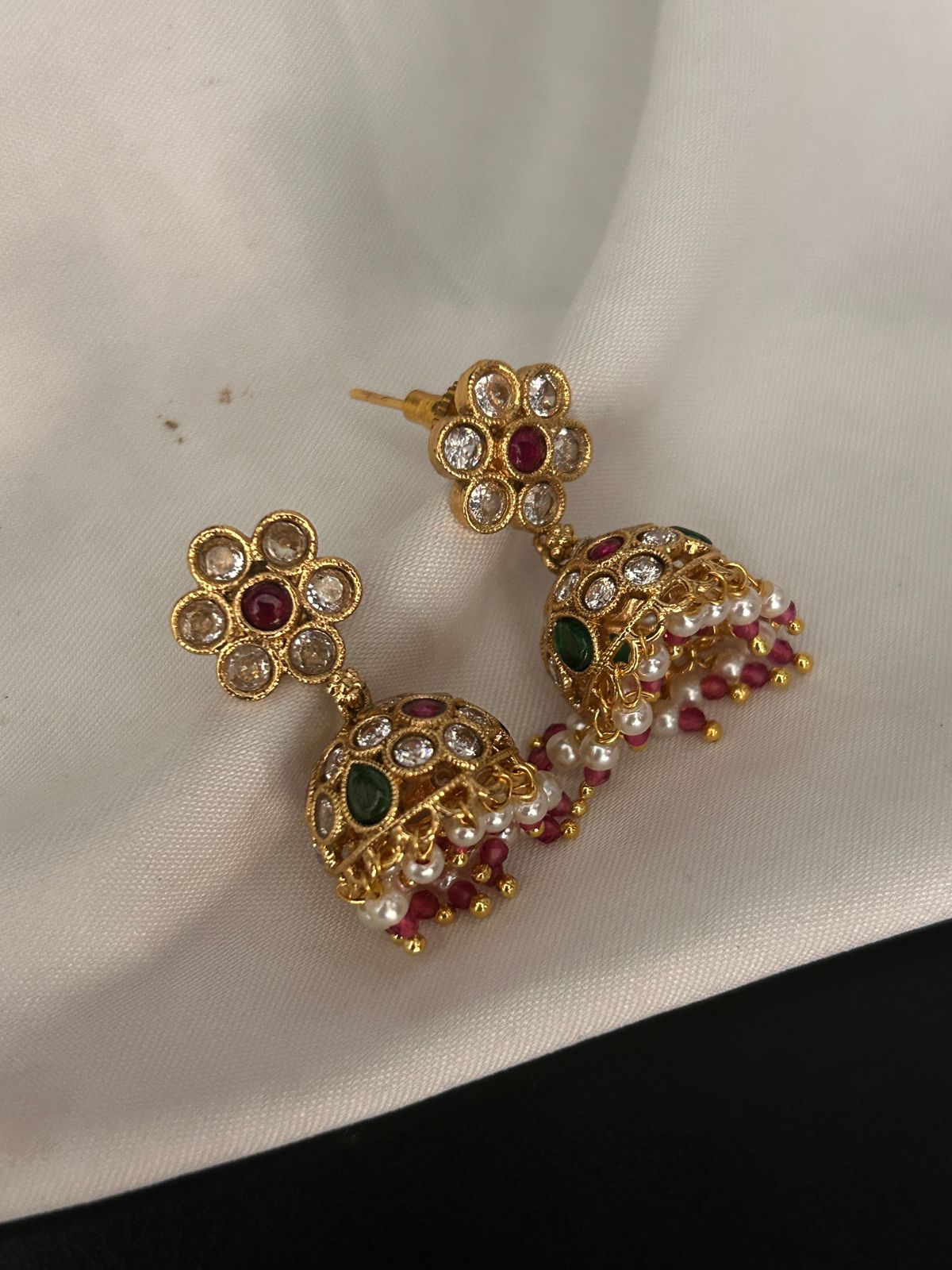 Floral Design Gold Plated Jhumka Earrings with Ruby, Emerald & Pearl Drops