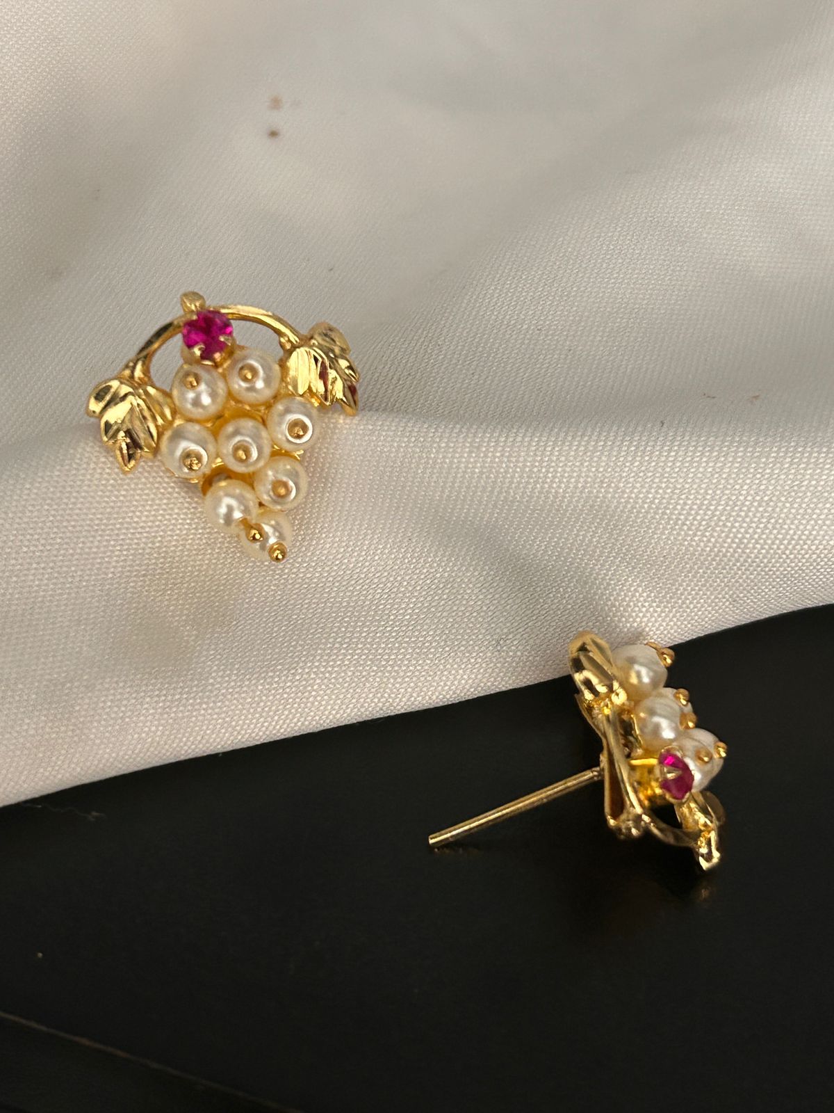Pearl Cluster Stud Earrings with Gold Finish & Ruby Accent