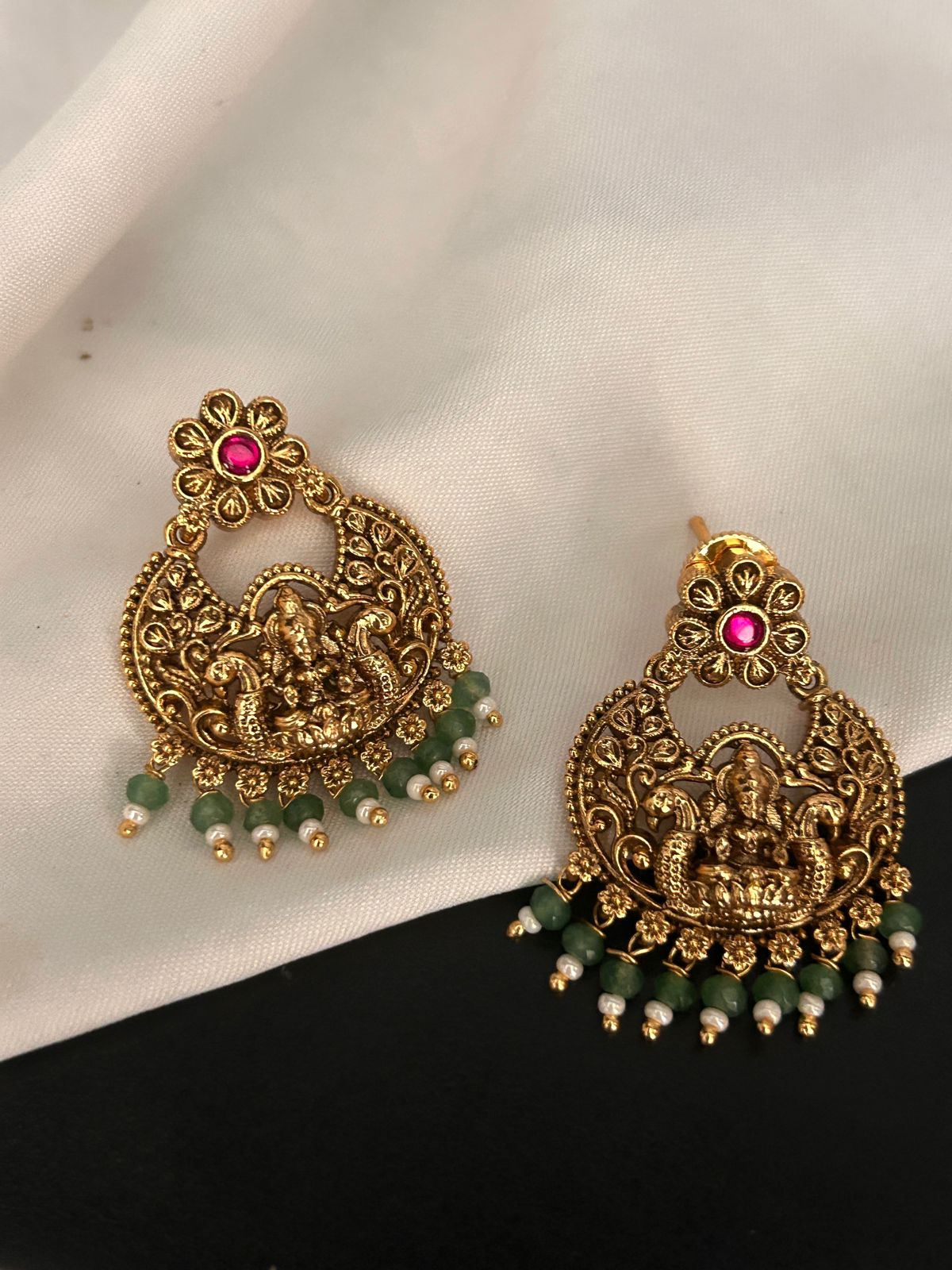 Antique Lakshmi Temple Earrings with Green Beads