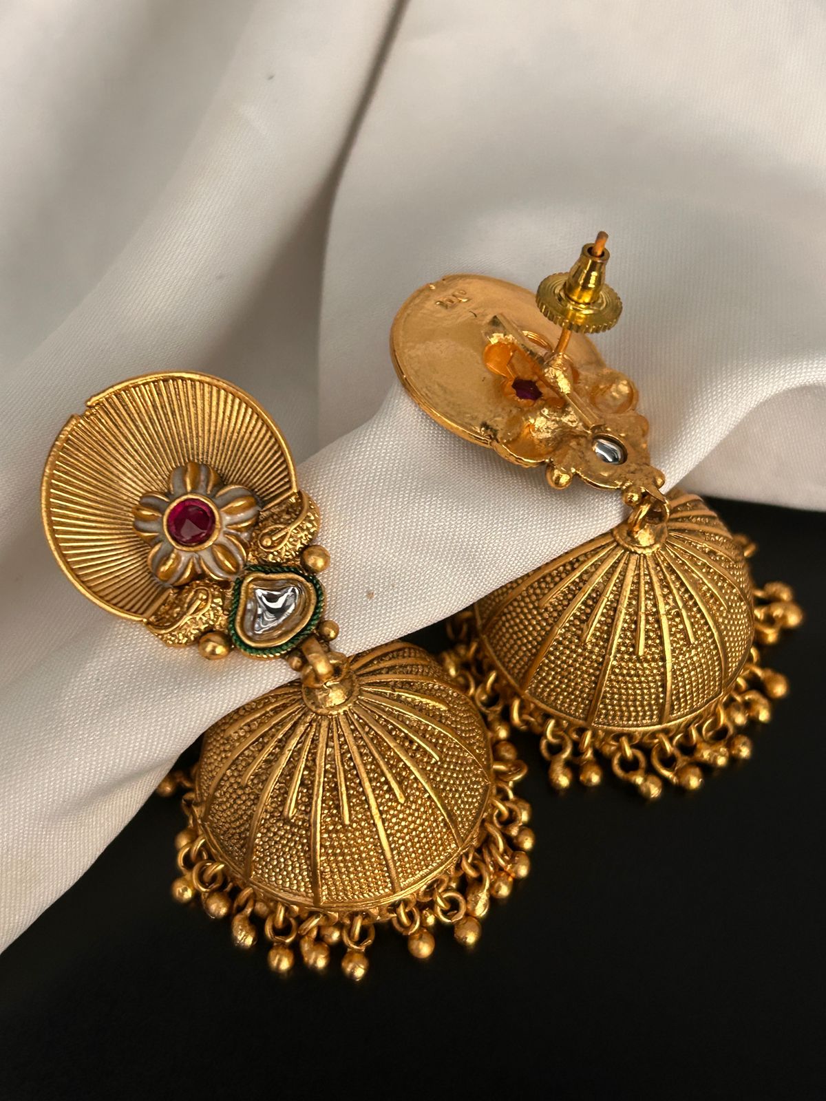 Antique Floral Dome Jhumka Earrings with Kundan & Bead Detailing