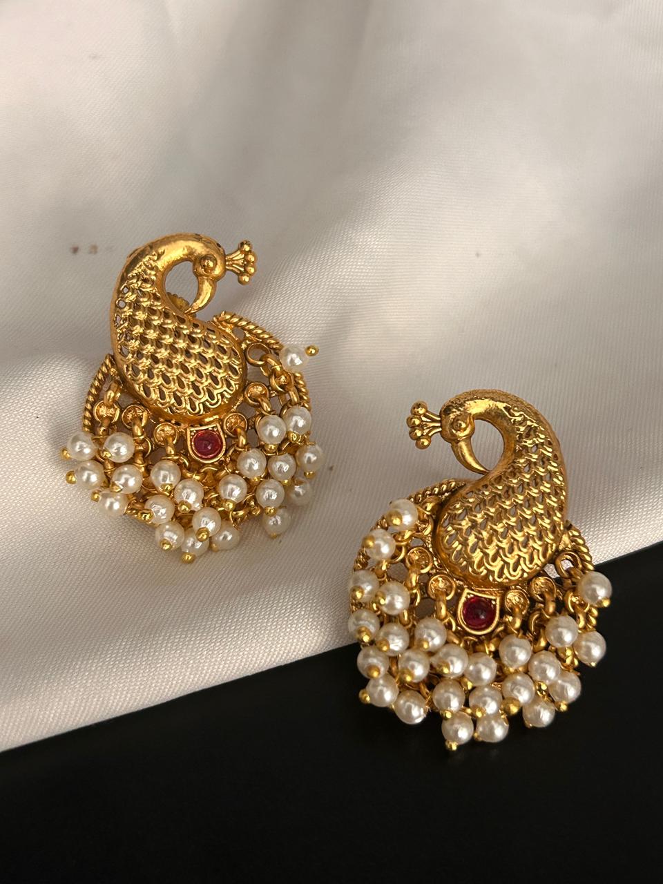 Antique Peacock Pearl Drop Earrings