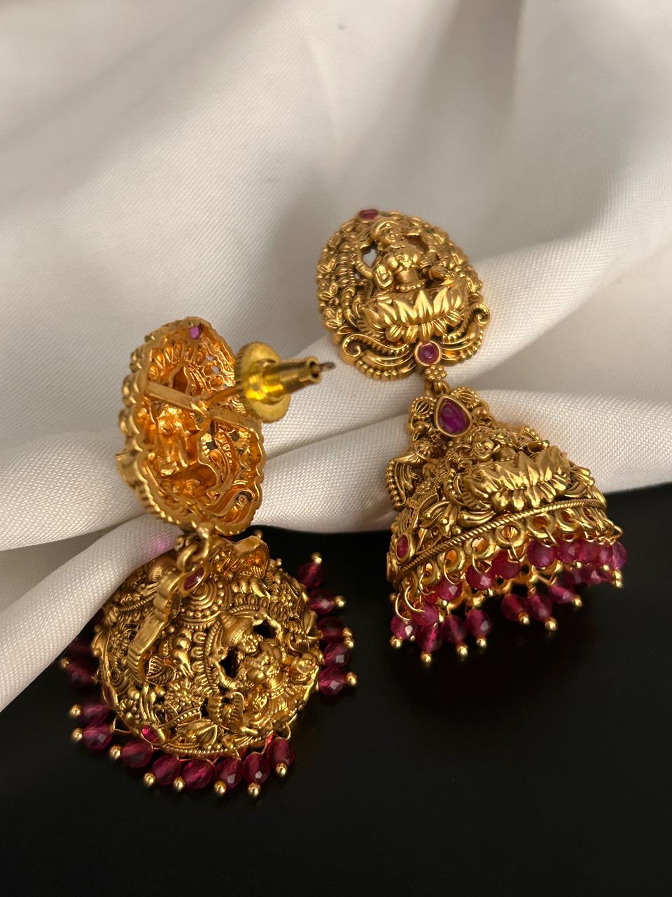Temple Design Antique Gold Jhumka with Ruby Beads