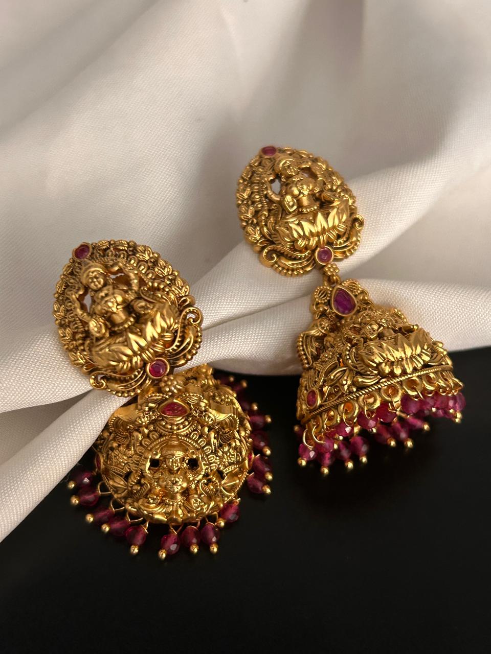 Temple Design Antique Gold Jhumka with Ruby Beads