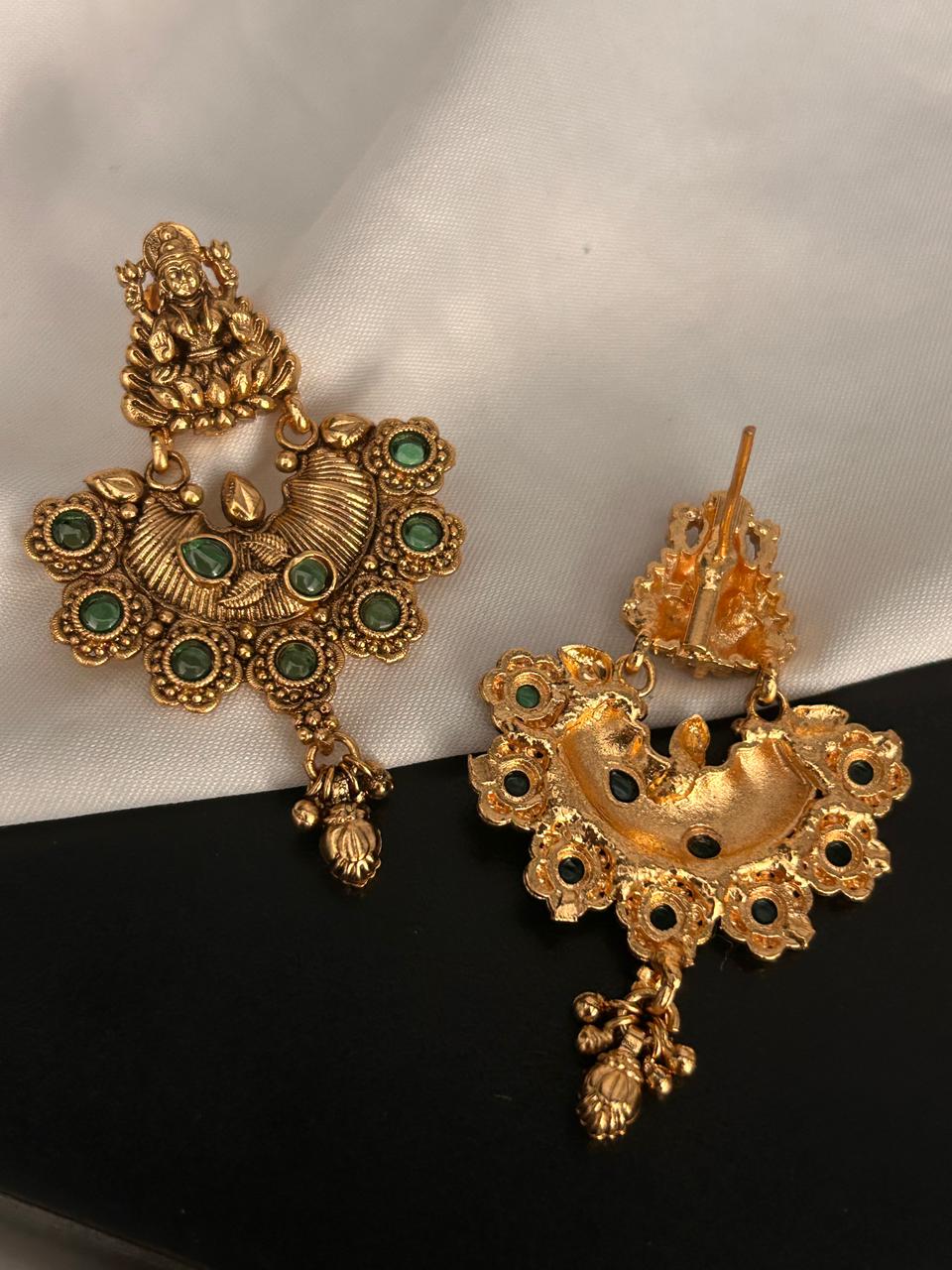 Temple Design Antique Gold Earrings with Green Stones